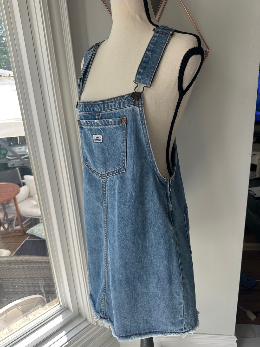 VINTAGE 90s Y2K LEE Union Tag Denim Jean Overall Mini Short Dress Blue Jr Large